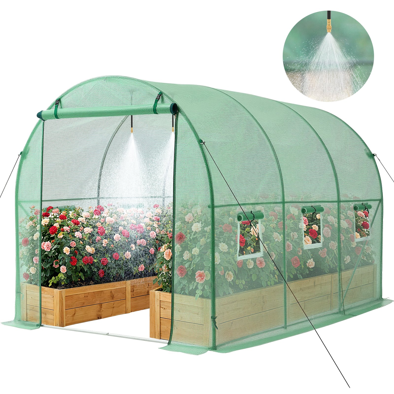 VEVOR Walk-in Tunnel Greenhouse, 2.93x1.97x1.94 m Hoop House Greenhouse Tunnel with Watering System, Plant Hot House with Steel Frame, PE Cover, Roll-Up Zipper Door and 6 Windows for Outdoors, Green