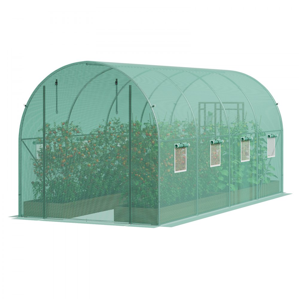 VEVOR Walk-in Tunnel Greenhouse, 14.6x6.4x6.3 ft Hoop House Greenhouse Tunnel, Plant Hot House with Galvanized Steel Frame, Green PE Cover, Roll-up Zipper Door and 8 Windows for Outdoor