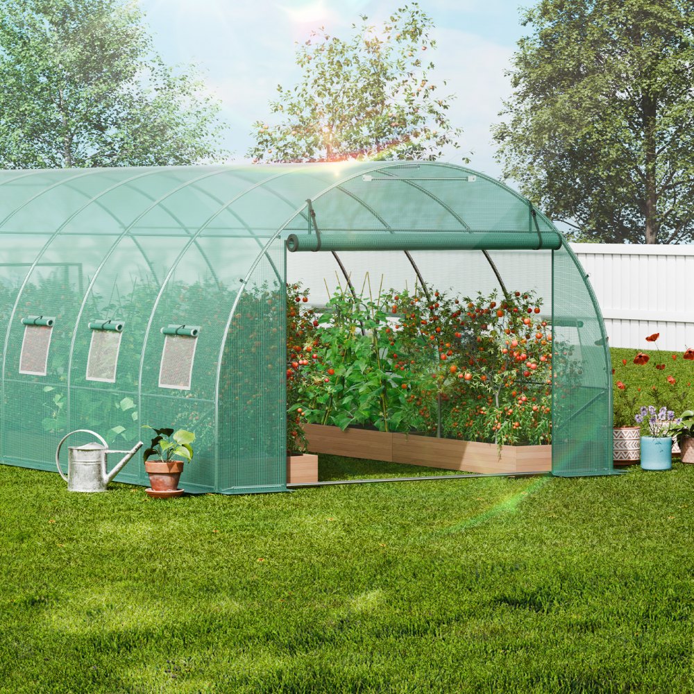 VEVOR Walk-in Tunnel Greenhouse, 19.4x9.7x6.5 ft Hoop House Greenhouse Tunnel, Plant Hot House with Galvanized Steel Frame, Green PE Cover, Roll-up Zipper Door and 12 Windows for Outdoor