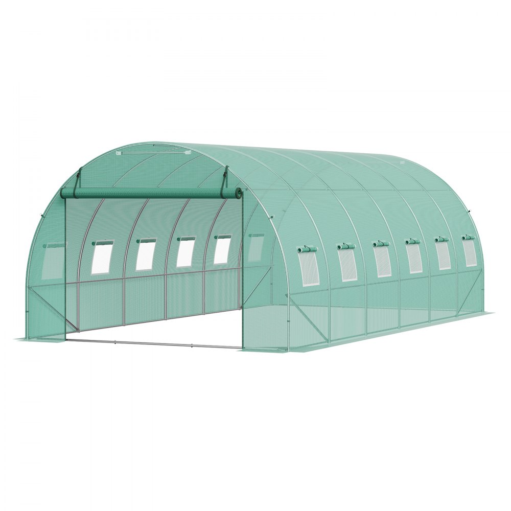 VEVOR Walk-in Tunnel Greenhouse, 19.4x9.7x6.5 ft Hoop House Greenhouse Tunnel, Plant Hot House with Galvanized Steel Frame, Green PE Cover, Roll-up Zipper Door and 12 Windows for Outdoor