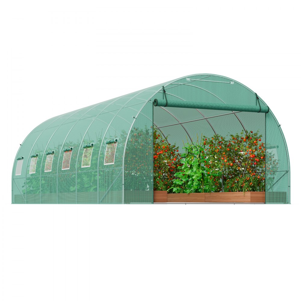 VEVOR Walk-in Tunnel Greenhouse, 19.4x9.7x6.5 ft Hoop House Greenhouse Tunnel, Plant Hot House with Galvanized Steel Frame, Green PE Cover, Roll-up Zipper Door and 12 Windows for Outdoor