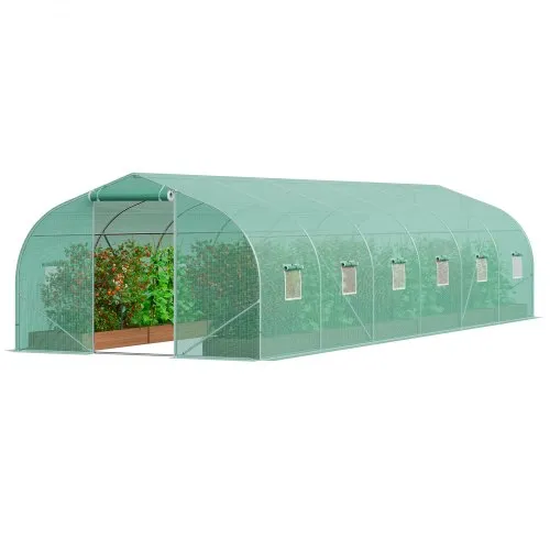 VEVOR Walk-in Tunnel Greenhouse, 29.5x9.8x6.6 ft Hoop House Greenhouse Tunnel, Peaked Roof Plant Hot House with Galvanized Steel Frame, Green PE Cover, Roll-up Zipper Door and 12 Windows for Outdoor