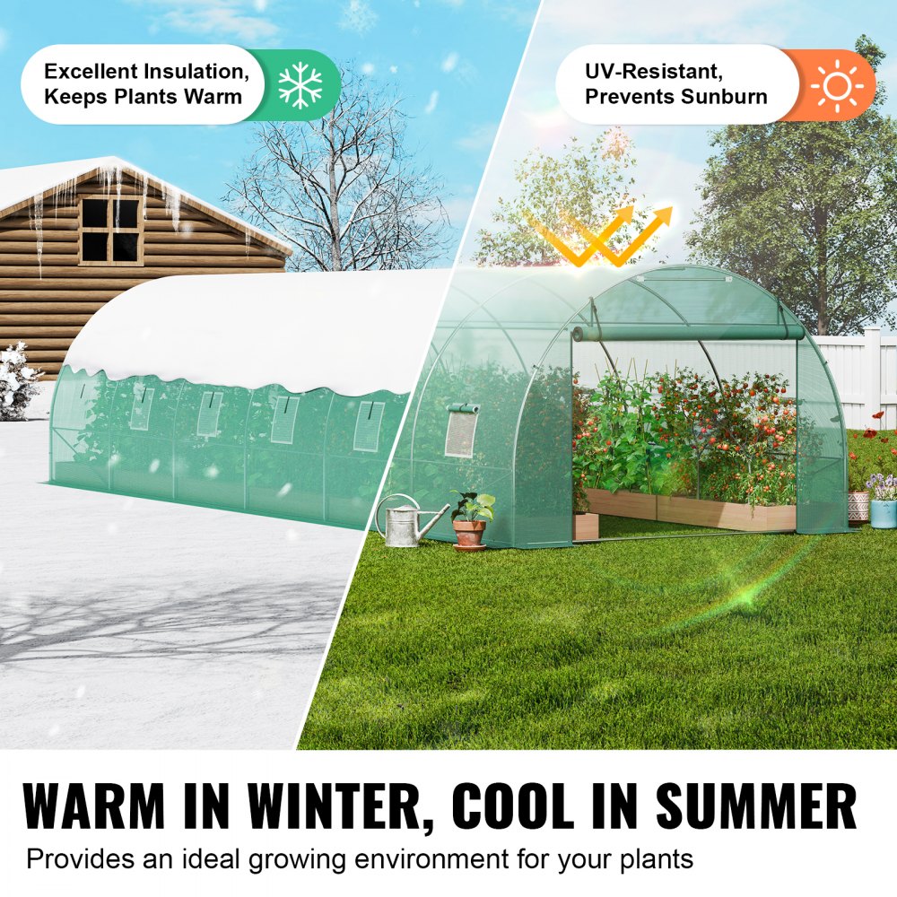 VEVOR Walk-in Tunnel Greenhouse, 29.2x9.7x6.5 ft Hoop House Greenhouse Tunnel, Plant Hot House with Galvanized Steel Frame, Green PE Cover, Roll-up Zipper Door and 12 Windows for Outdoor