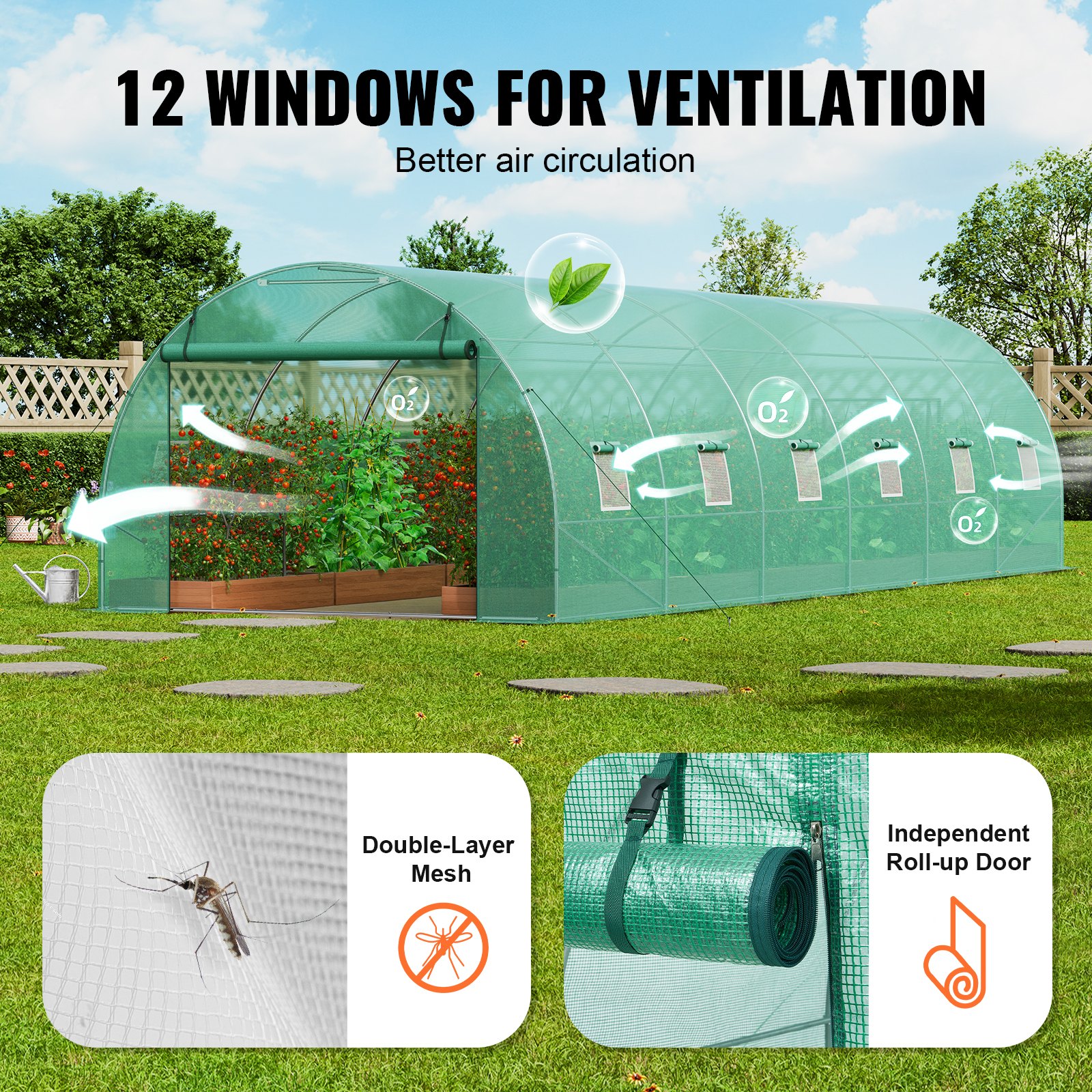 VEVOR Walk-in Tunnel Greenhouse, 9 x 3 x 2m Hoop House Greenhouse Tunnel, Plant Hot House with Galvanized Steel Frame, Green PE Cover, Roll-up Zipper Door and 12 Windows for Outdoor