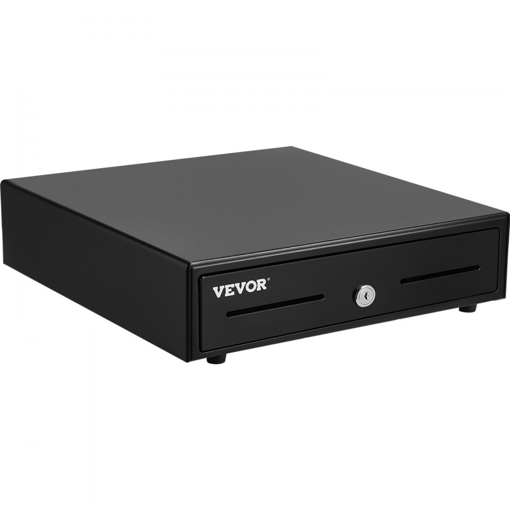 black VEVOR cash register drawer with a secure key lock and two bill slots on the front.