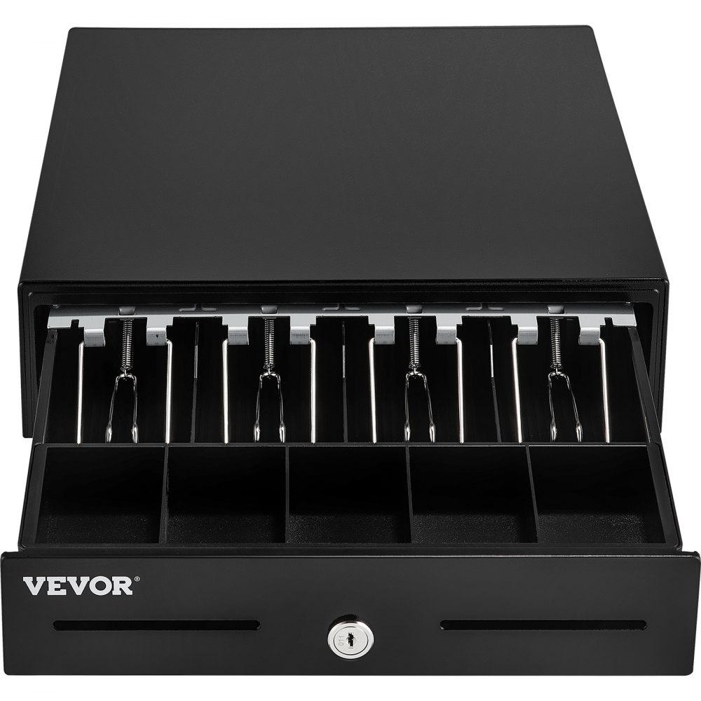 black VEVOR cash register drawer with bill clips and coin slots, key lock in front.