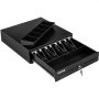 VEVOR cash register drawer with open compartments, removable till, and secure lock mechanism.