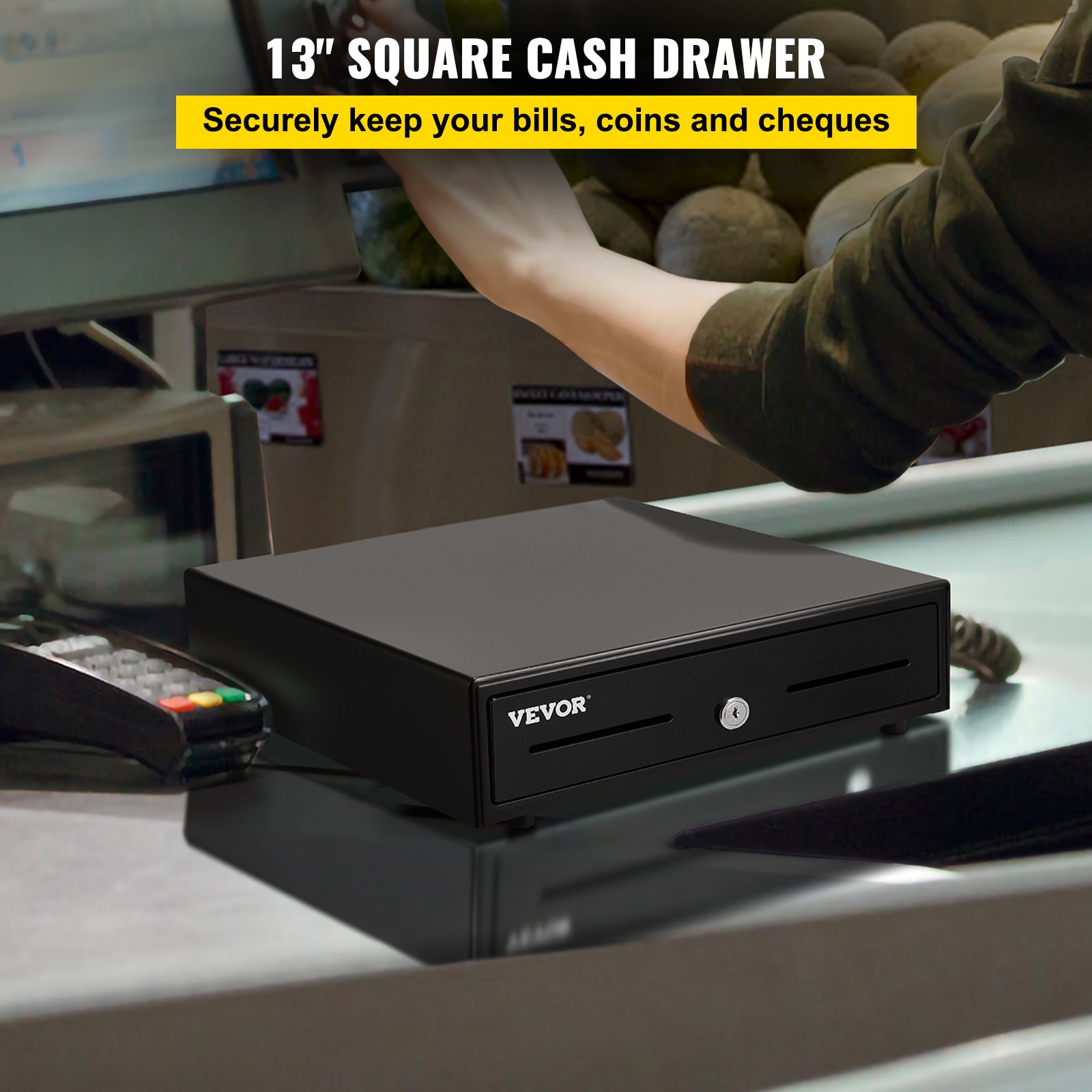 13&quot; VEVOR cash register drawer on counter, card machine nearby, and cashier’s hand reaching out.