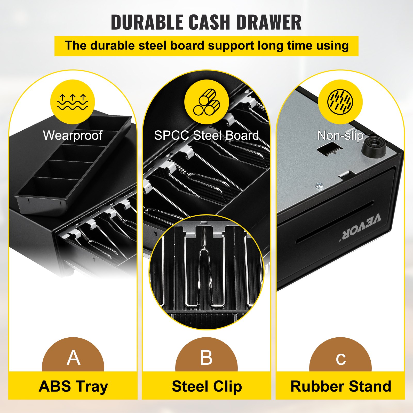VEVOR cash register drawer with wearproof abs tray, spcc steel clip, and non-slip rubber stand.