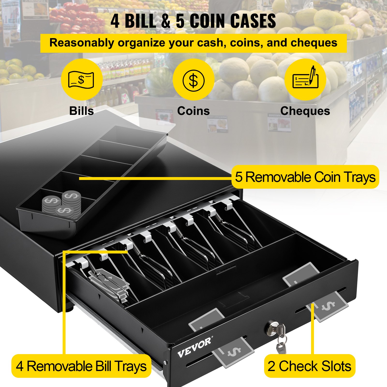 VEVOR cash register drawer with 4 bill trays, 5 coin trays, and 2 check slots in a grocery store.