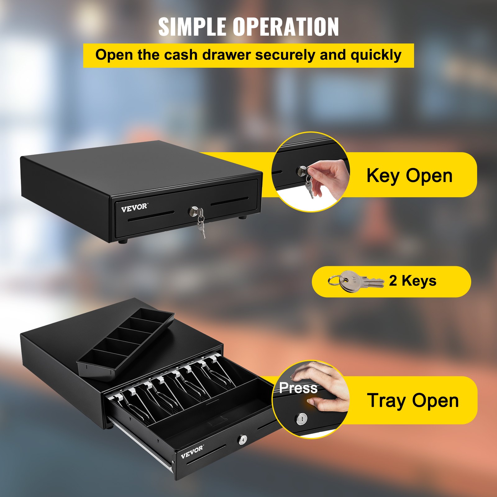 VEVOR cash register drawer with key and tray open options, featuring 2 keys for secure access.