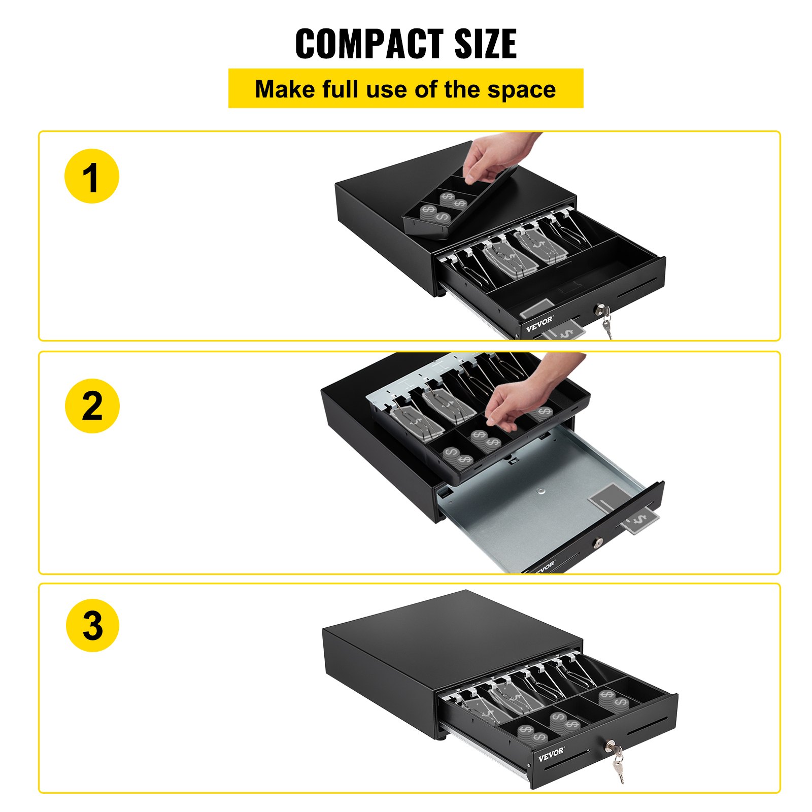 VEVOR cash register drawer, compact, black, secure, showcasing organized coin and bill compartments.