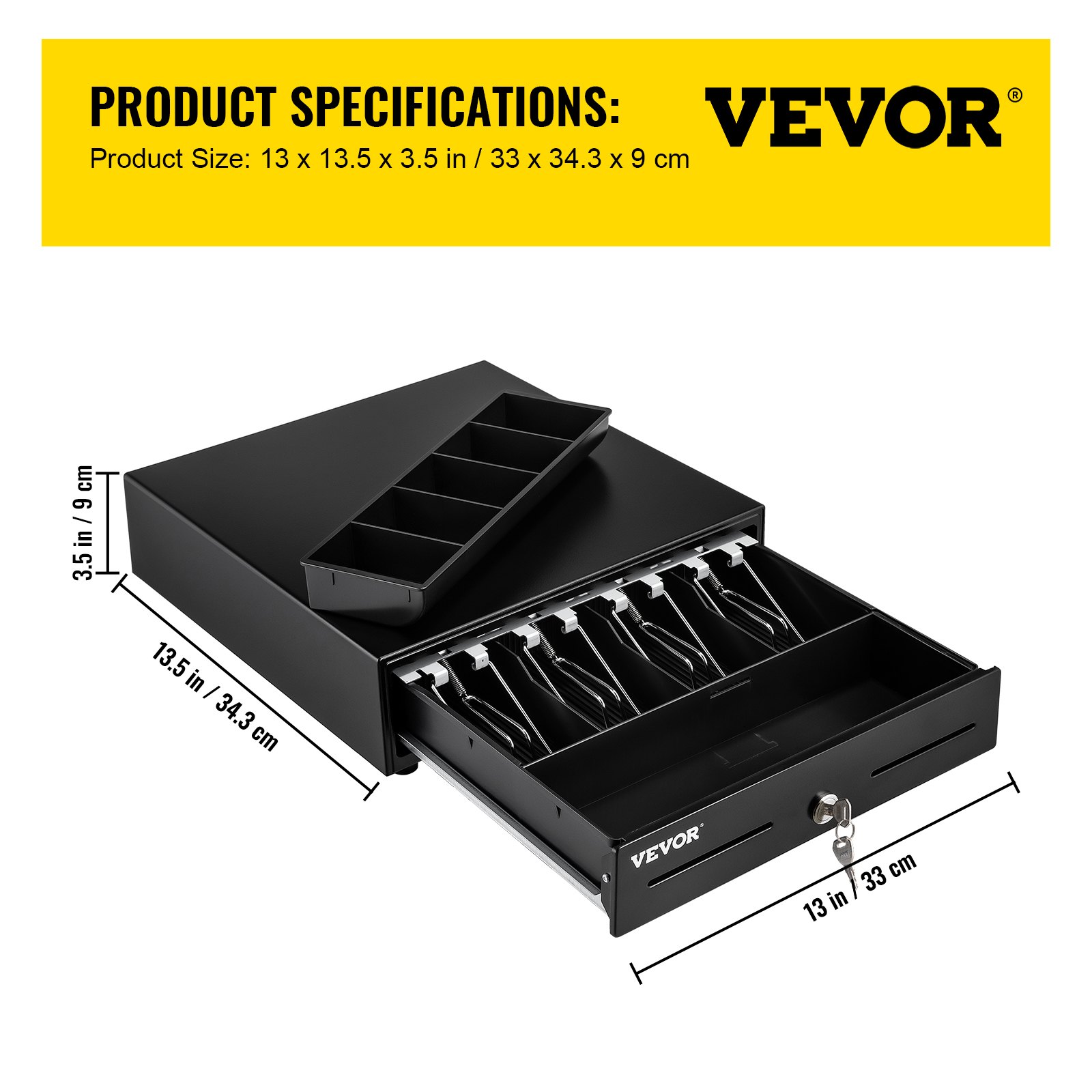 VEVOR cash register drawer with five compartments, dimensions 13x13.5x3.5 inches, black color.