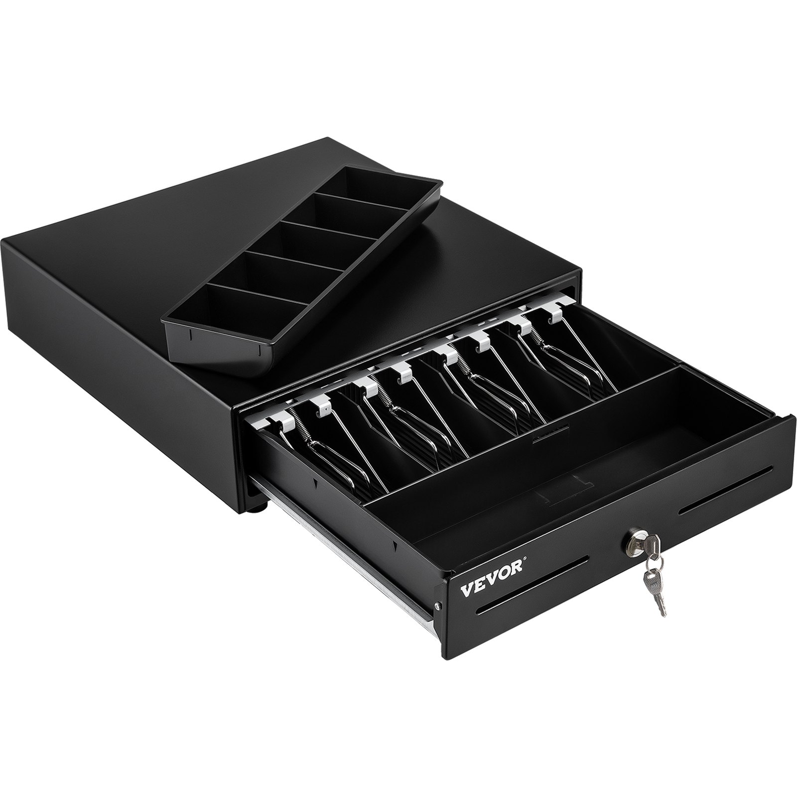open VEVOR cash register drawer with compartments and removable coin tray, secure lock and key included.