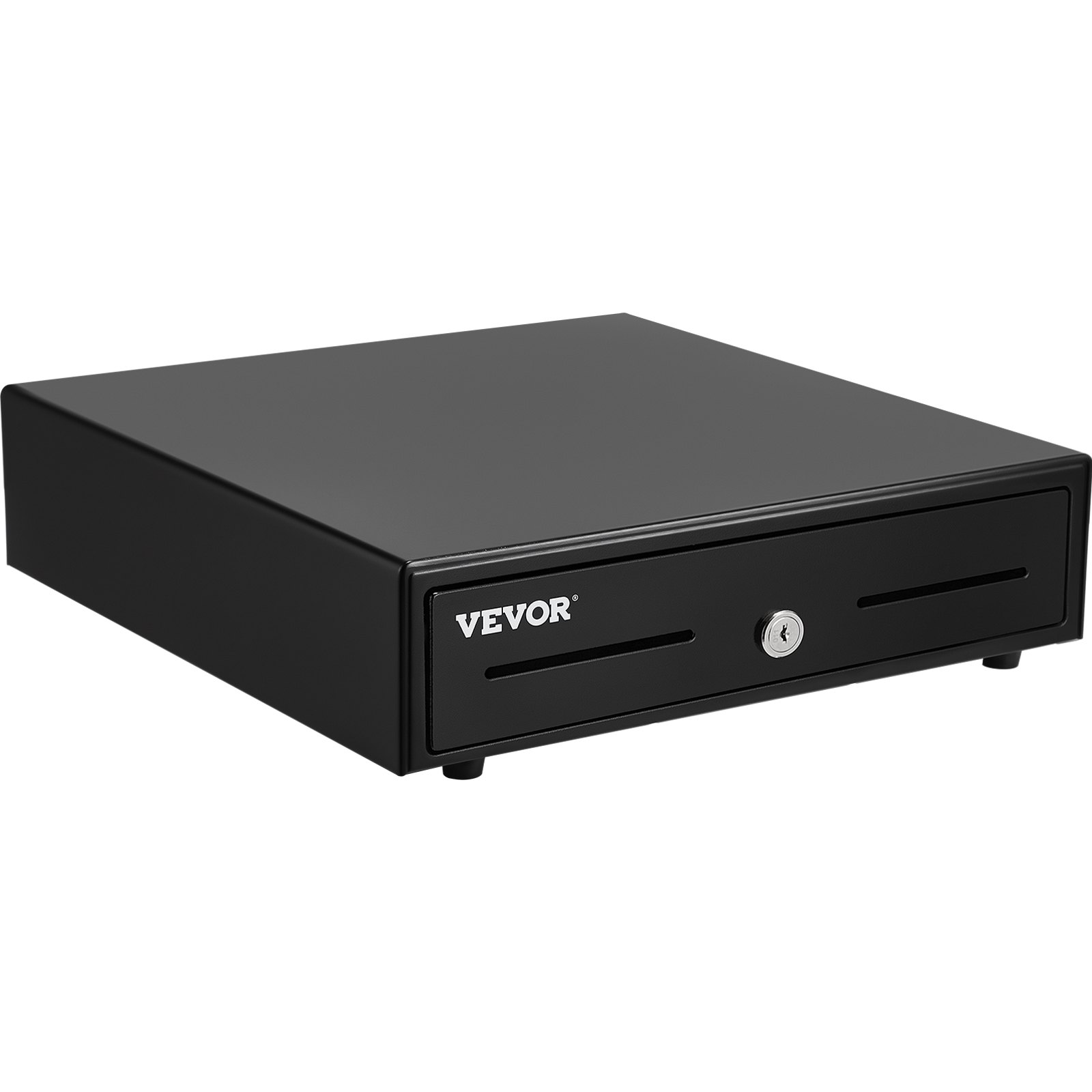 black VEVOR cash register drawer with a secure key lock and two bill slots on the front.