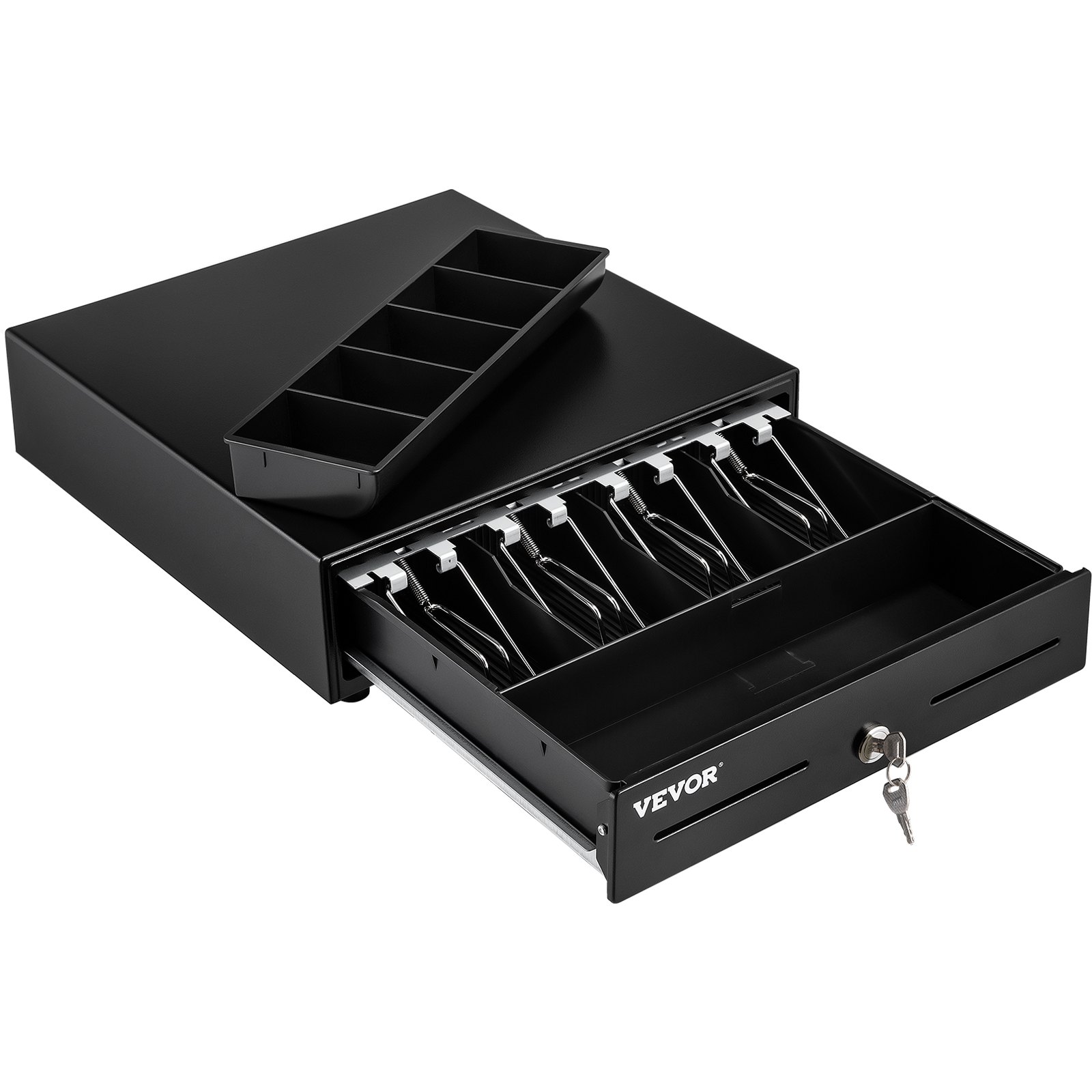 VEVOR cash register drawer with open compartments, removable till, and secure lock mechanism.