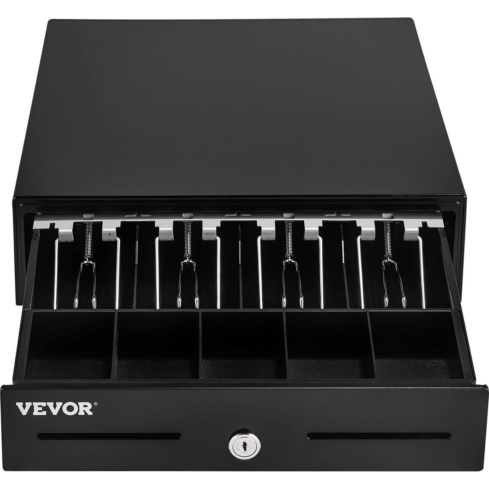 black VEVOR cash register drawer with bill clips and coin slots, key lock in front.