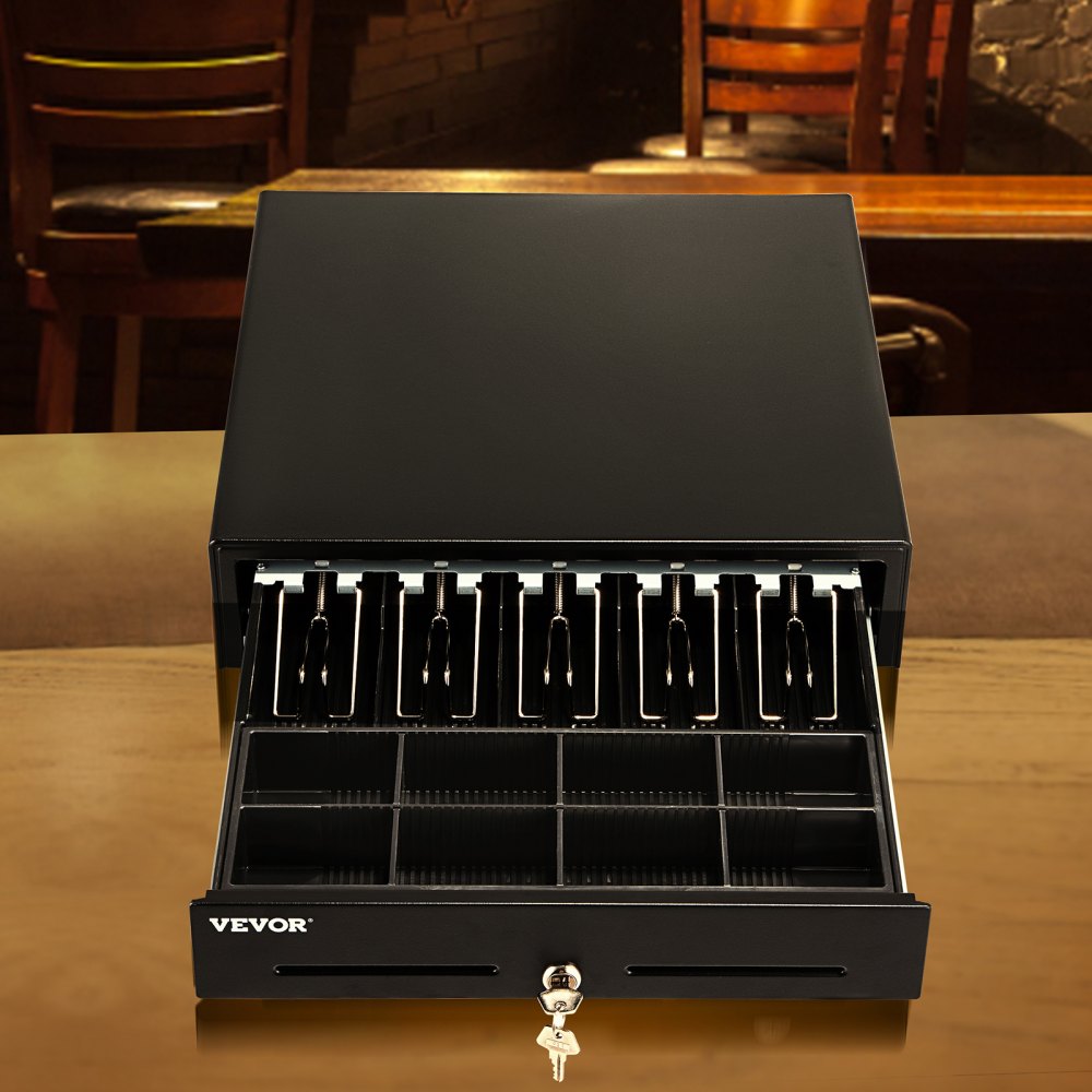 black VEVOR cash register drawer with open bill and coin compartments on a wooden counter.