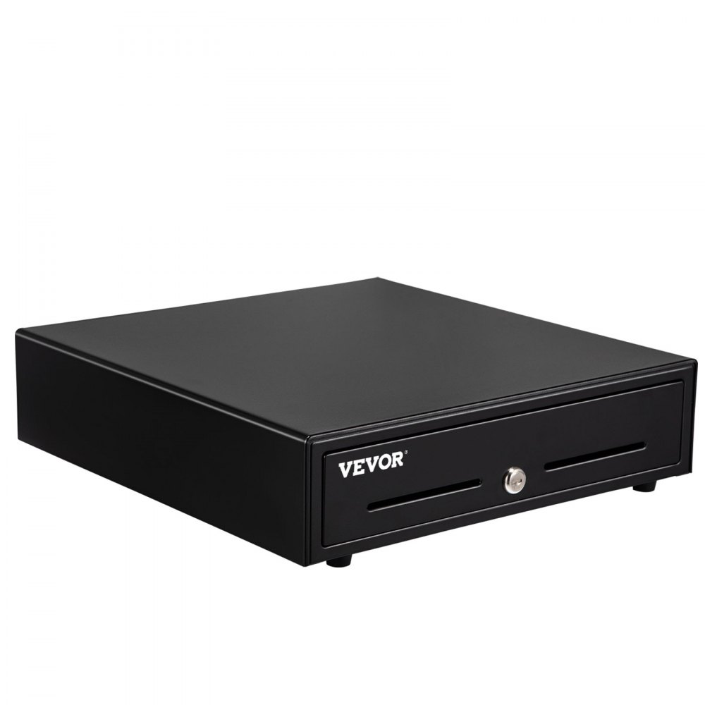 black VEVOR cash register drawer with key lock, front view showing slotted design.
