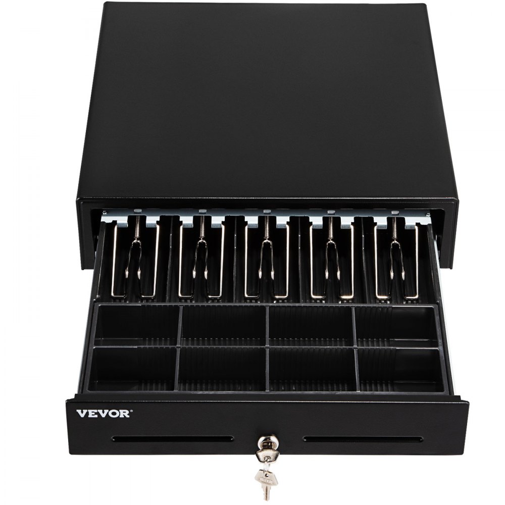 open VEVOR cash register drawer with multiple compartments and bill clips, secured by a lock and key.