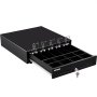 VEVOR cash register drawer with open compartments and key lock. black design and metal clips.