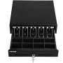 open VEVOR cash register drawer with multiple compartments and bill clips, secured by a lock and key.