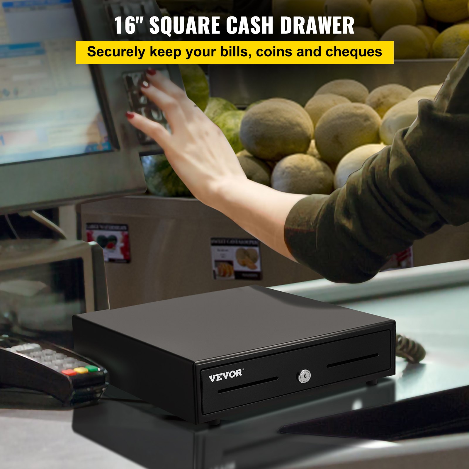 VEVOR Cash Register Drawer, 16\" 2 Unlocking Ways, Fully Removable Design with 5 Bill 8 Coin Cash Tray, 2 Keys Included, Compact Size Cash Registers for Supermarket, Bar, Coffee Shop, Restaurant