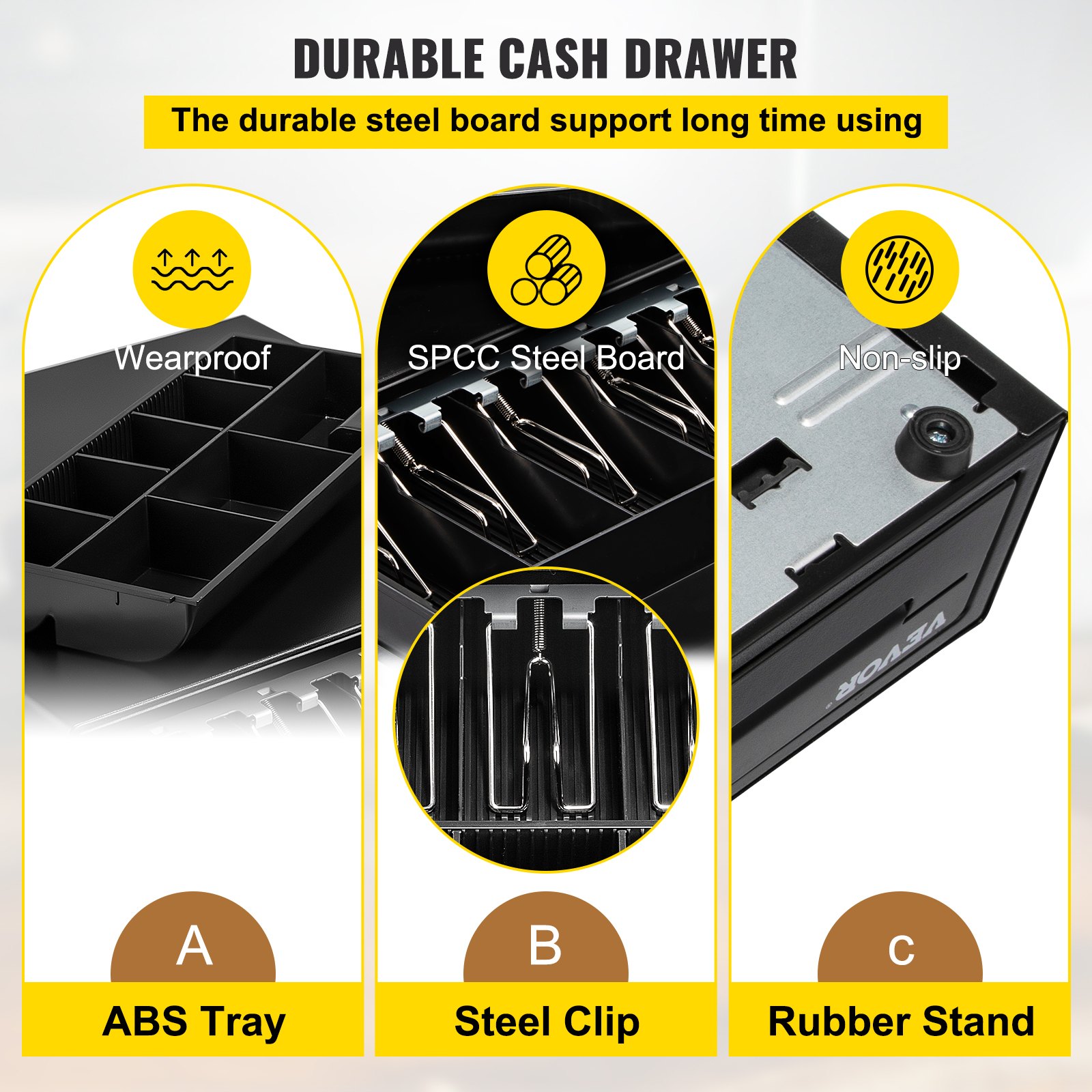 VEVOR Cash Register Drawer, 16\" 2 Unlocking Ways, Fully Removable Design with 5 Bill 8 Coin Cash Tray, 2 Keys Included, Compact Size Cash Registers for Supermarket, Bar, Coffee Shop, Restaurant