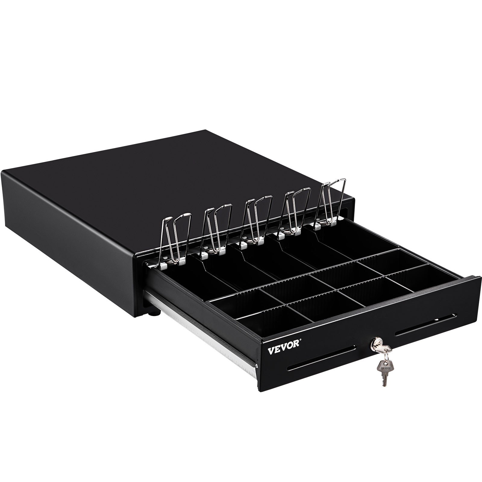 VEVOR cash register drawer with open compartments and key lock. black design and metal clips.