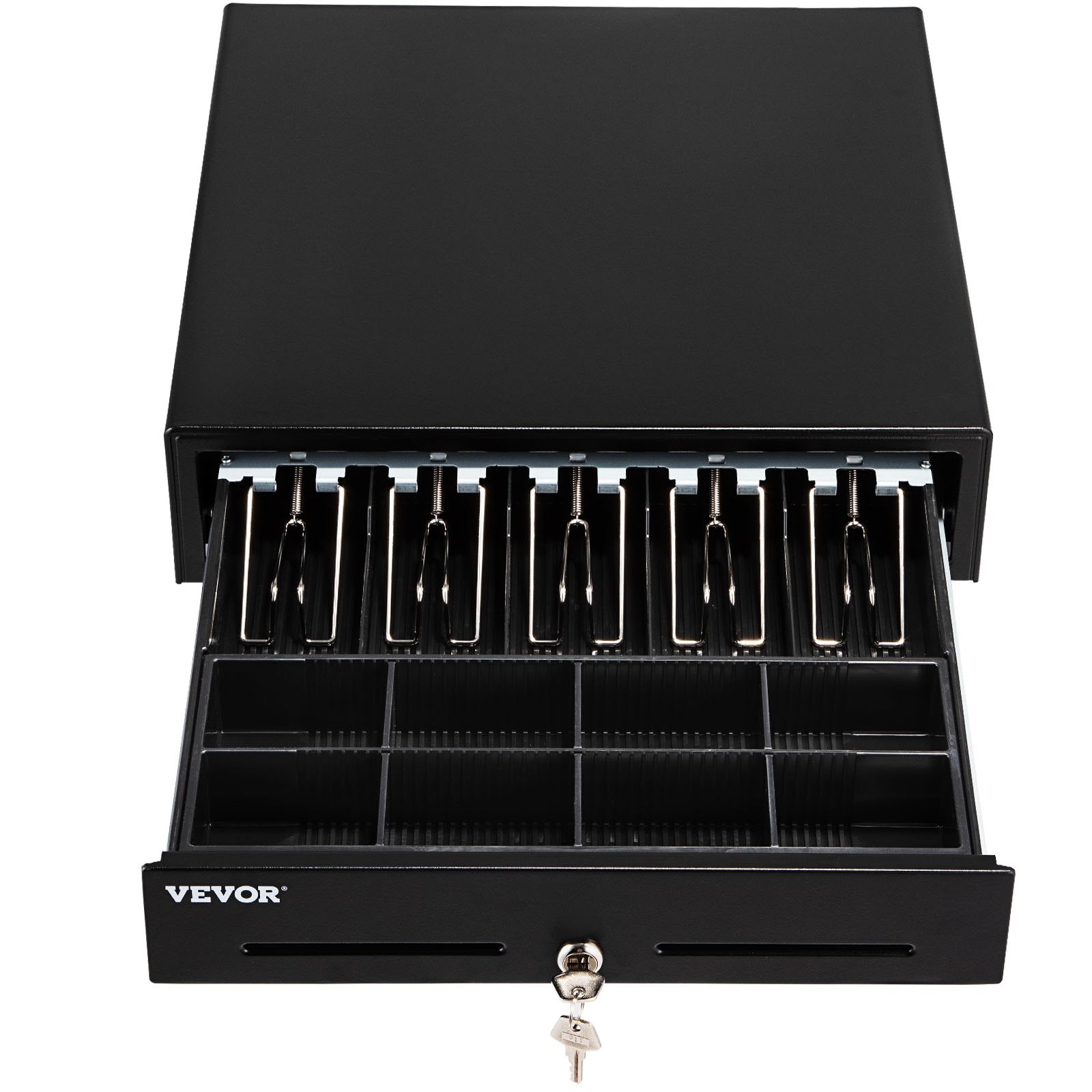 open VEVOR cash register drawer with multiple compartments and bill clips, secured by a lock and key.
