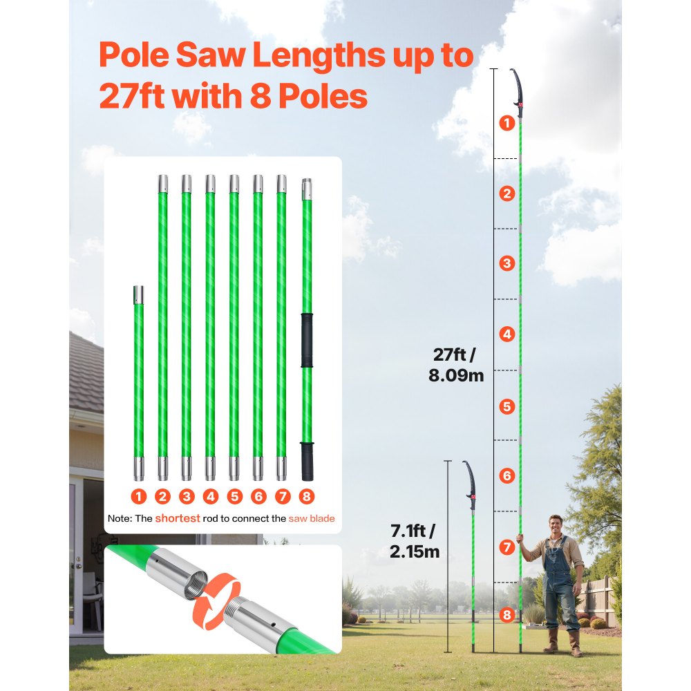 VEVOR Manual Pole Saw, 118-809.3 cm Extendable Pole Tree Pruner, Sharp 65Mn Steel Blade, Lightweight Fiberglass Handle Pole, Double-Hook Saw for High Branch Trimming, Pruning Tool for Palms, Shrubs