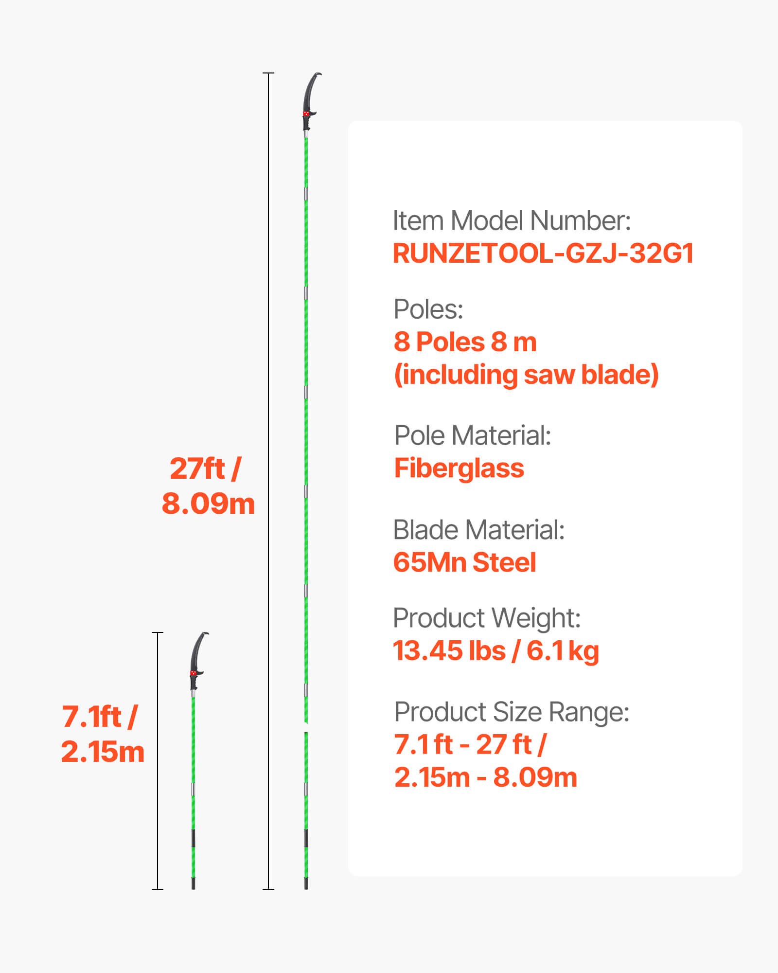 VEVOR Manual Pole Saw, 118-809.3 cm Extendable Pole Tree Pruner, Sharp 65Mn Steel Blade, Lightweight Fiberglass Handle Pole, Double-Hook Saw for High Branch Trimming, Pruning Tool for Palms, Shrubs