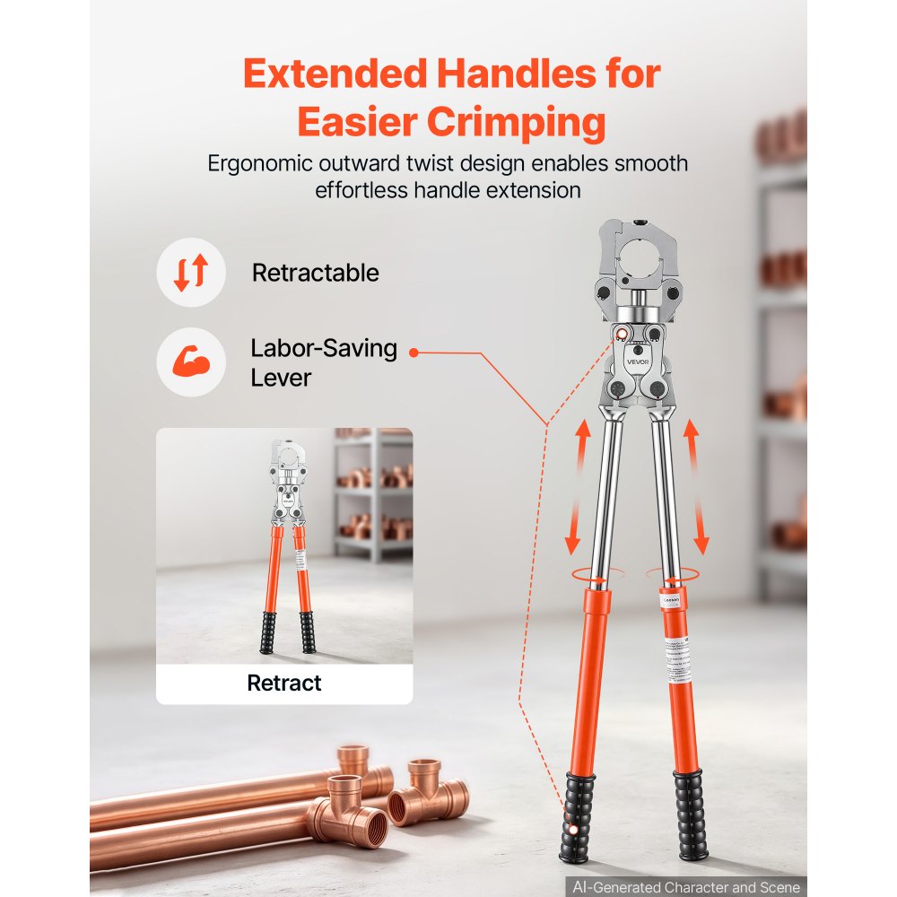 VEVOR Copper Tube Fittings Press Crimping Tool for 1/2" 3/4" 1" Pipes, 360° Rotatable Crimper Press Tool with 3 VUS Jaws, Locking Pin, Extendable Handle and Toolbox for Elbow & Tee Fittings