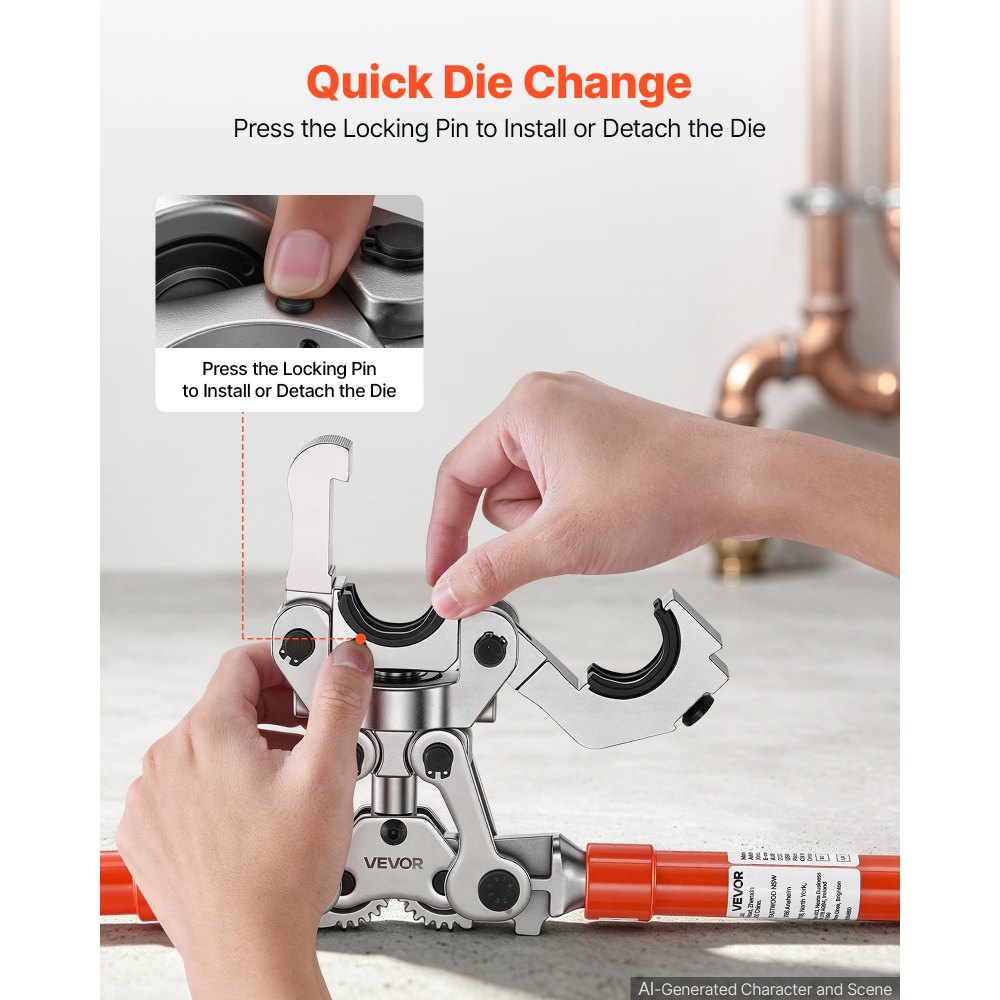 VEVOR Copper Tube Fittings Press Crimping Tool for 1/2" 3/4" 1" Pipes, 360° Rotatable Crimper Press Tool with 3 VUS Jaws, Locking Pin, Extendable Handle and Toolbox for Elbow & Tee Fittings