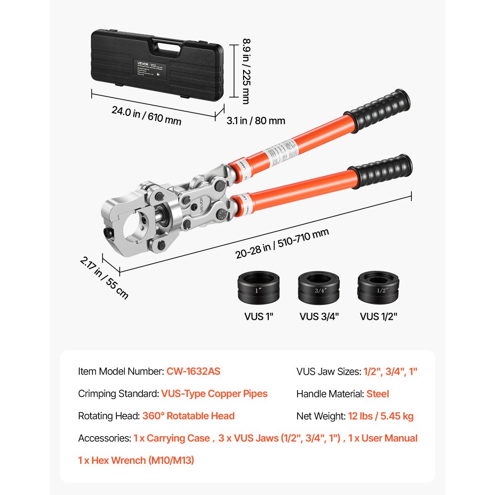 VEVOR Copper Tube Fittings Press Crimping Tool for 1/2" 3/4" 1" Pipes, 360° Rotatable Crimper Press Tool with 3 VUS Jaws, Locking Pin, Extendable Handle and Toolbox for Elbow & Tee Fittings