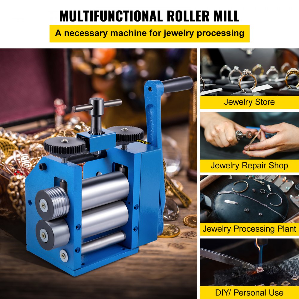 VEVOR Rolling Mill 4.4"/112mm Jewelry Rolling Mill Machine Gear Ratio 1:2.5 Wire Roller Mill 0.1-7mm Press Thickness Manual Combination Rolling Mill w/ Iron Roller for Jewelry Sheet Semicircle Pattern