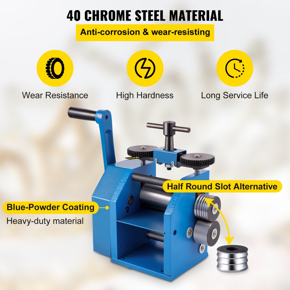 VEVOR Rolling Mill 4.4"/112mm Jewelry Rolling Mill Machine Gear Ratio 1:2.5 Wire Roller Mill 0.1-7mm Press Thickness Manual Combination Rolling Mill w/ Iron Roller for Jewelry Sheet Semicircle Pattern