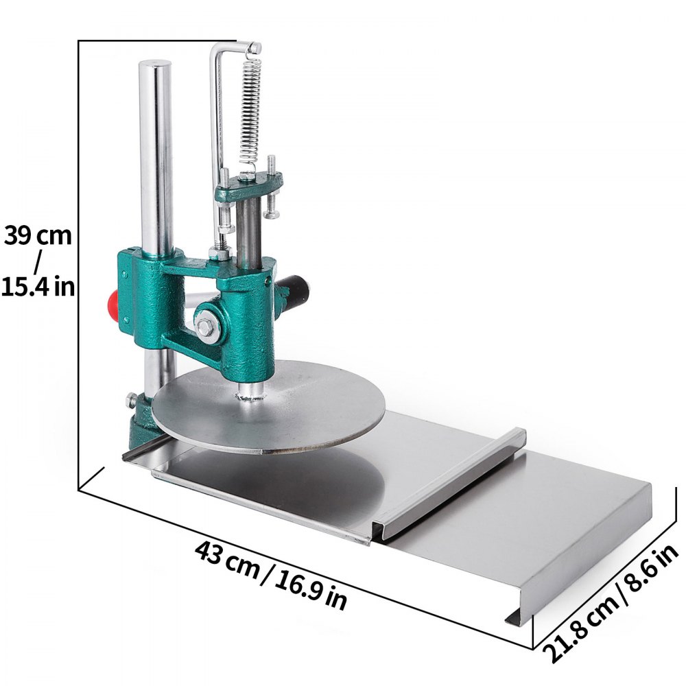VEVOR dough sheeter, 39cm tall, 43cm base length, and 21.8cm width.
