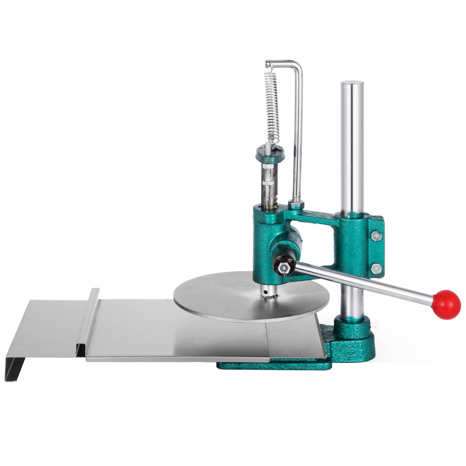 VEVOR dough sheeter with stainless steel roller and red-handled lever.