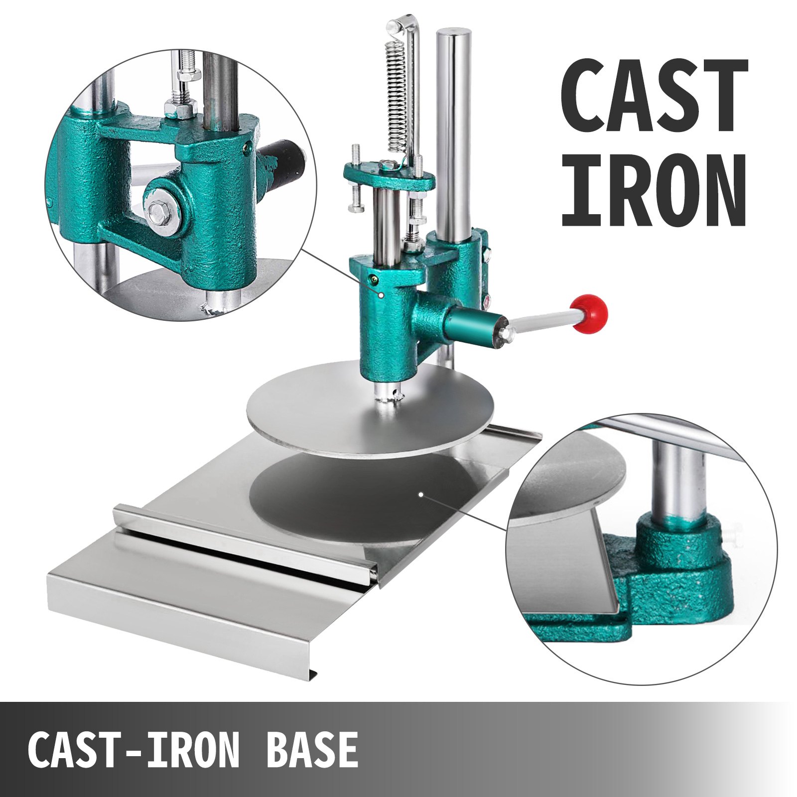 VEVOR dough sheeter with durable cast iron base and detailed close-ups.