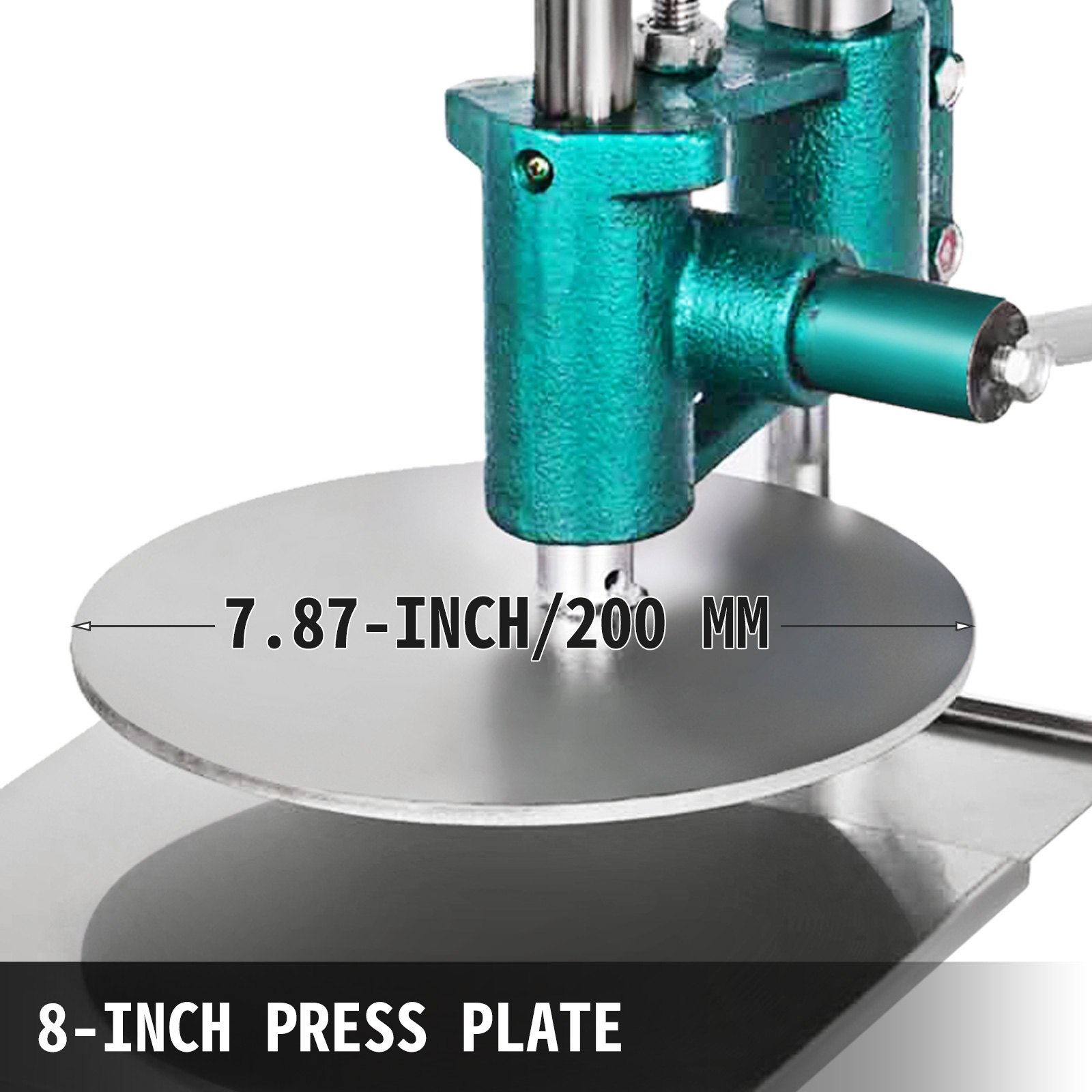 VEVOR dough sheeter with 7.87-inch press plate measurements displayed.
