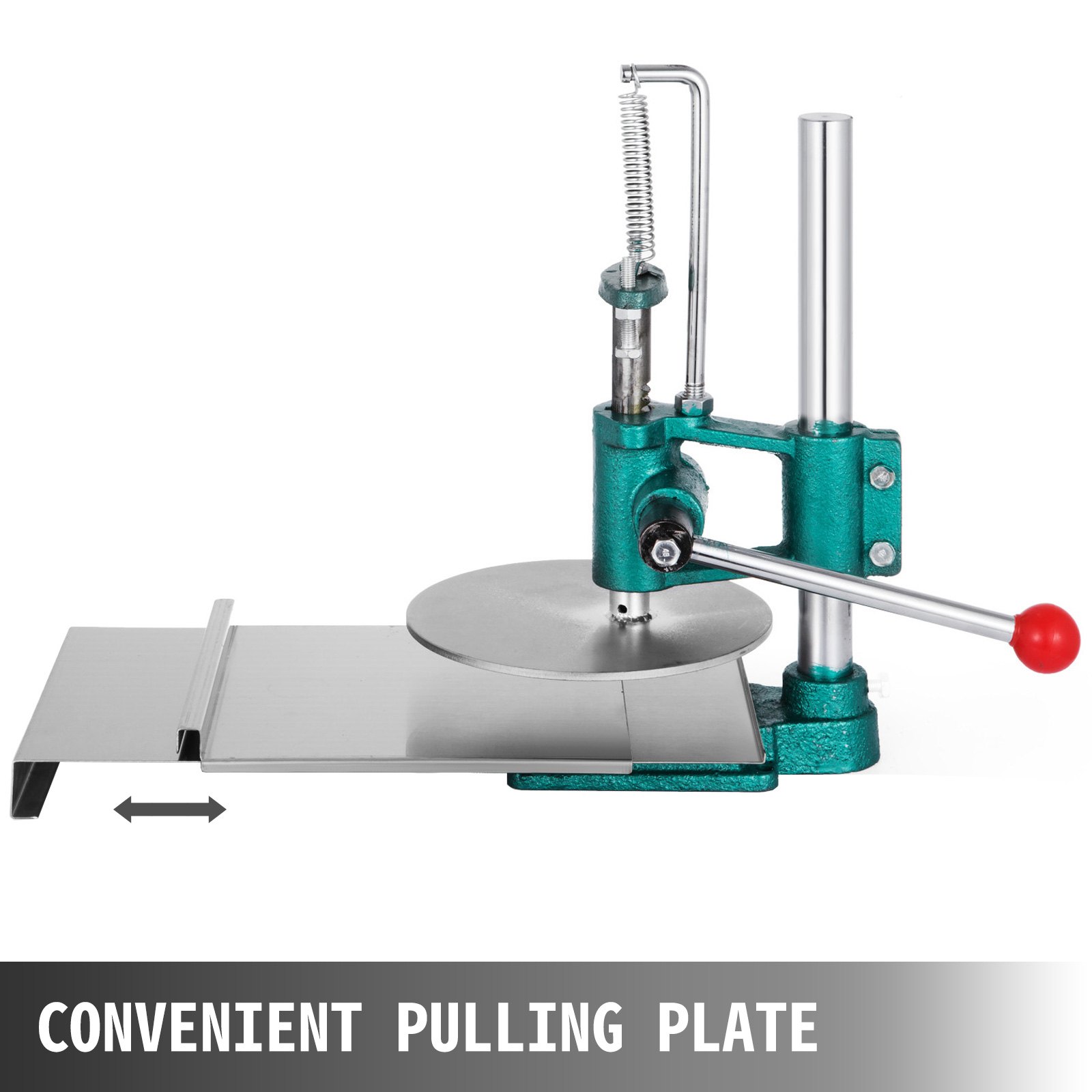 green VEVOR dough sheeter with convenient pulling plate and red-handled lever.
