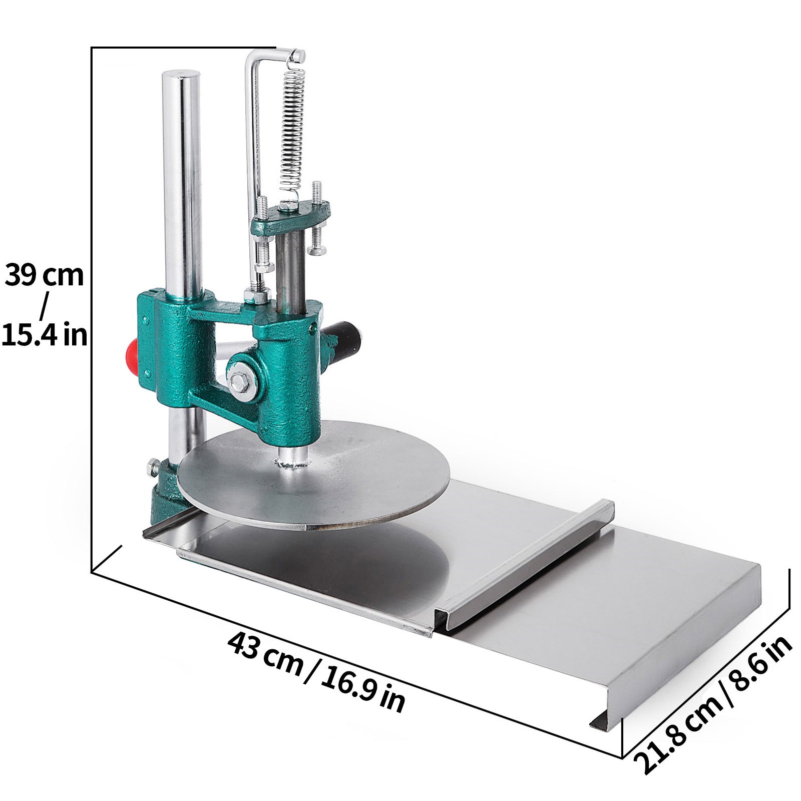 VEVOR dough sheeter, 39cm tall, 43cm base length, and 21.8cm width.