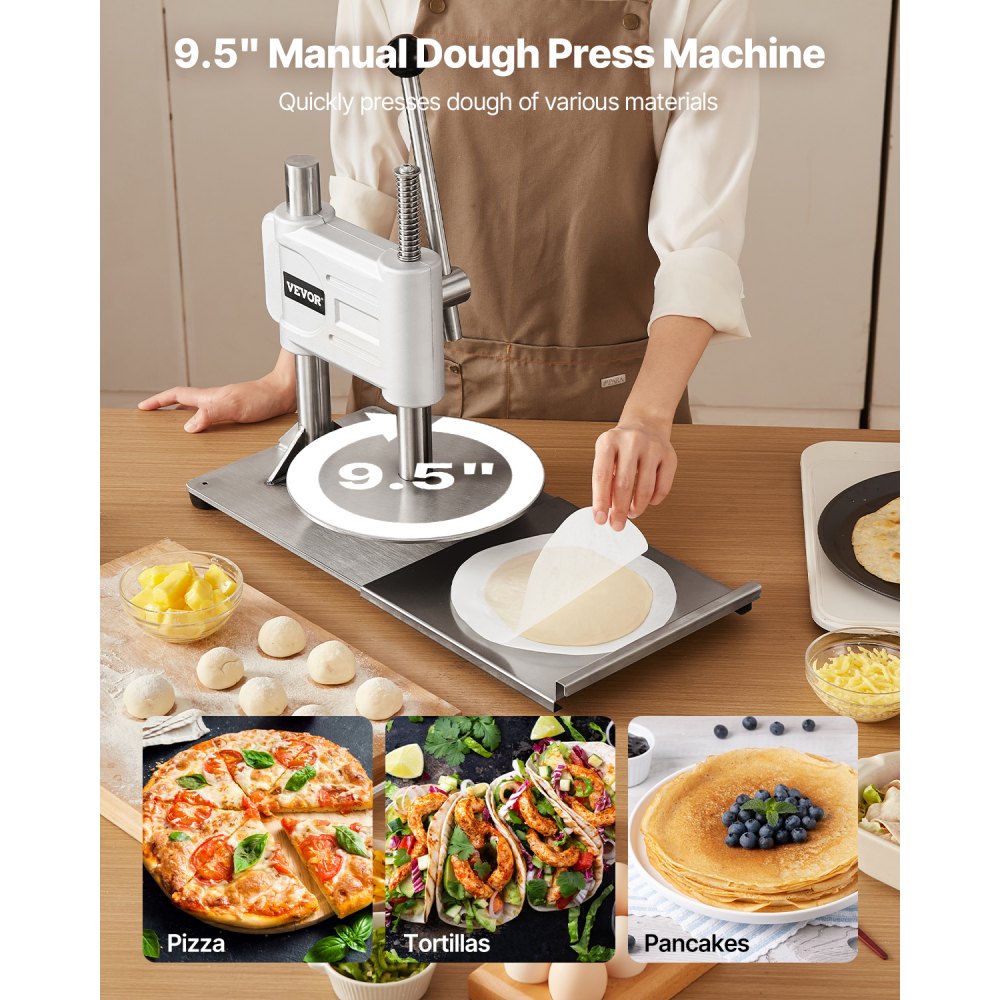 VEVOR Manual Pizza Dough Press Machine, 9.5 inch Pizza Pastry Press Plate, Stainless Steel Bread Presser, Commercial Chapati Sheet Crust Maker, Forming Machine with Handle and 100 Pcs Parchment Paper