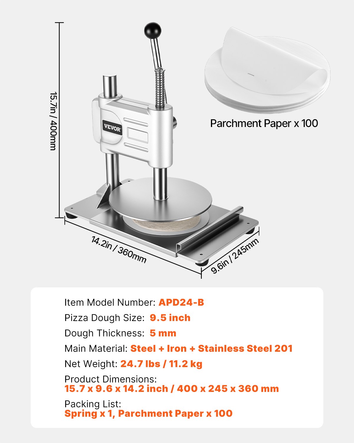 VEVOR Manual Pizza Dough Press Machine, 9.5 inch Pizza Pastry Press Plate, Stainless Steel Bread Presser, Commercial Chapati Sheet Crust Maker, Forming Machine with Handle and 100 Pcs Parchment Paper