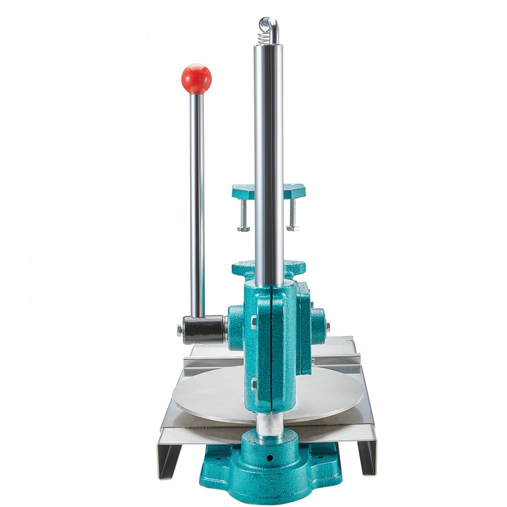 VEVOR pizza dough press machine with turquoise body, stainless steel plates, and red handle knob.