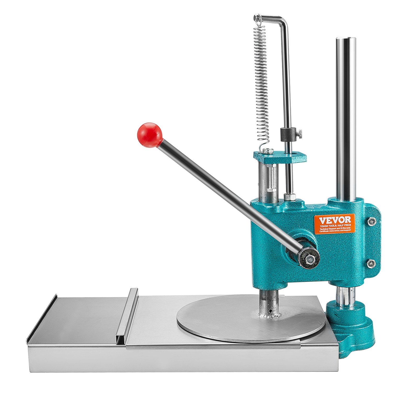 VEVOR pizza dough press machine with teal body, red handle, and stainless steel base.