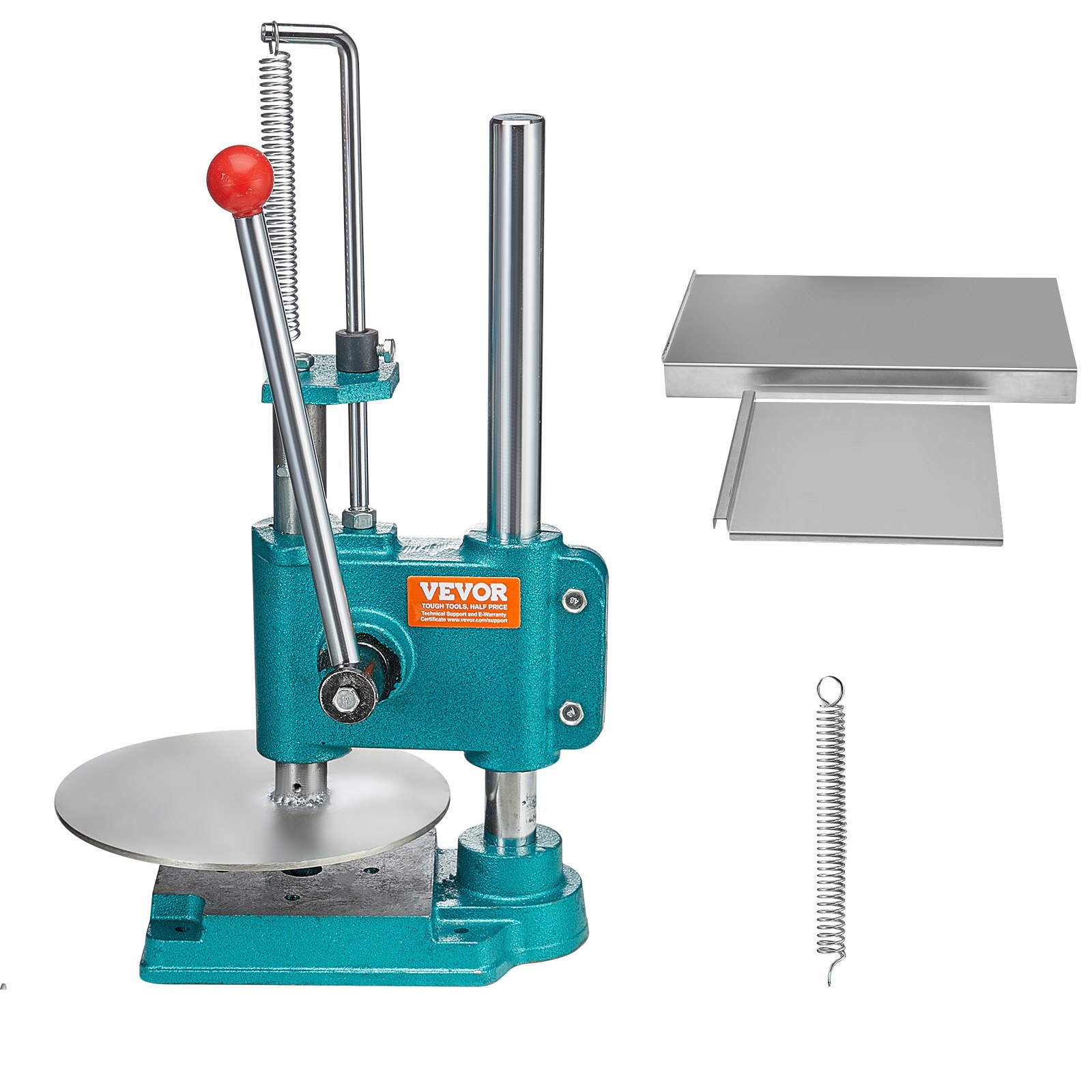 VEVOR pizza dough press machine with lever, spring, and metal plates for dough pressing.