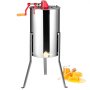 VEVOR honey extractor with red manual crank handle, stainless steel body, and honey jar and comb backdrop.