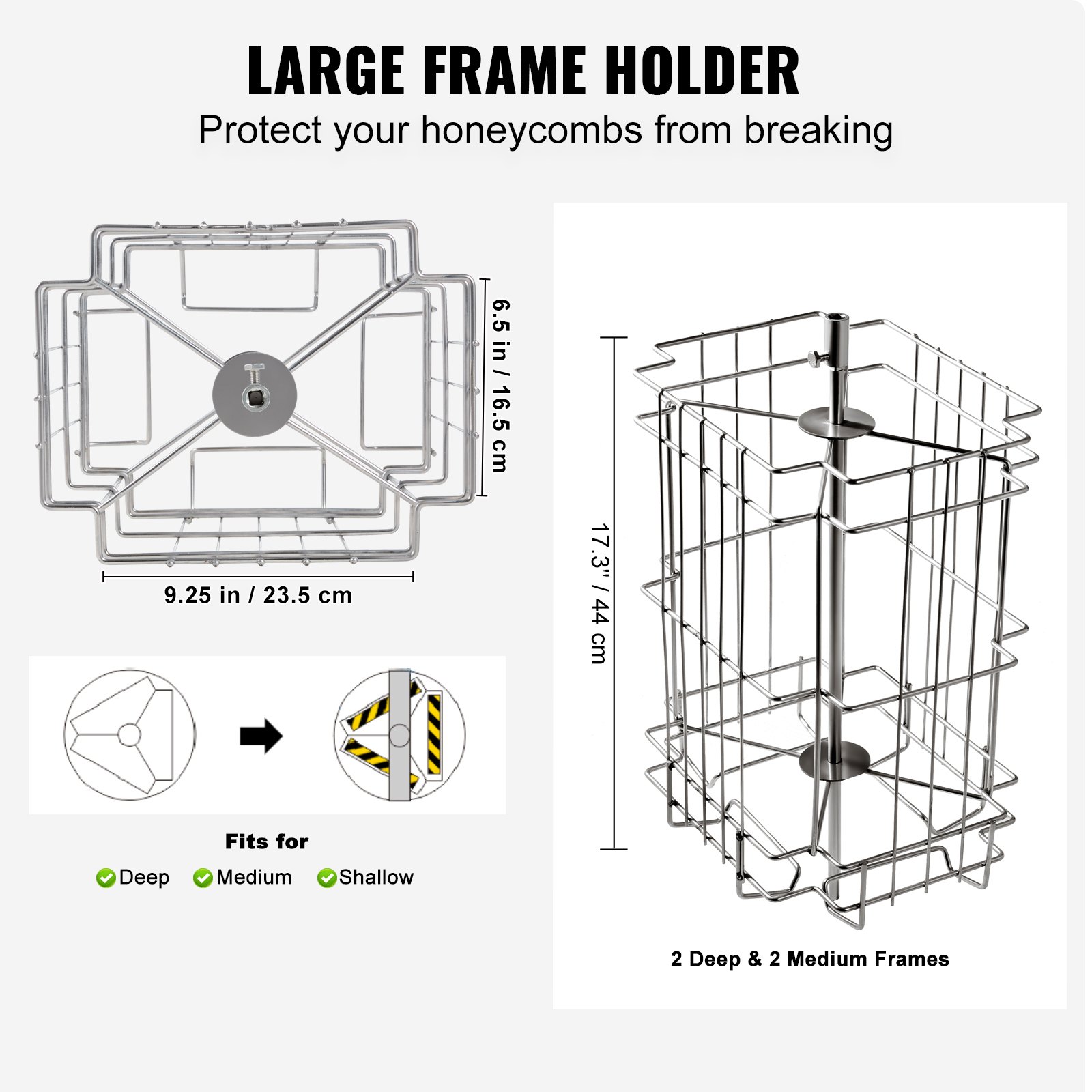 VEVOR honey extractor large frame holder with 9.25x6.5 inch dimensions, fits deep, medium, shallow frames.